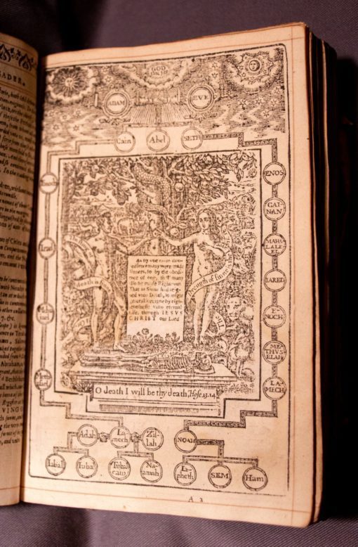 A superb example of early English embroidery on a 1628 Bible with two figures ‘Faith’ and ‘Hope’.