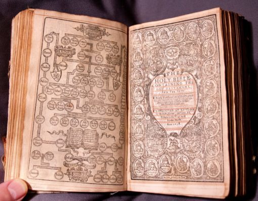 A superb example of early English embroidery on a 1628 Bible with two figures ‘Faith’ and ‘Hope’.