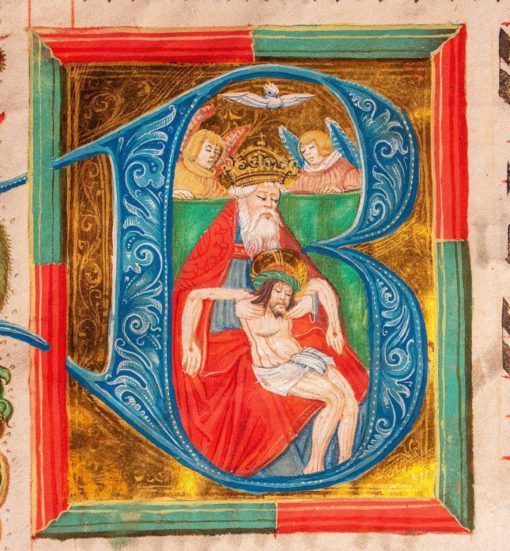 The Trinity, by Nikolaus Bertschi the Elder or his workshop, on a leaf from a large Antiphonary in Latin [Germany (Augsburg), 16th century (c.1520–30)]