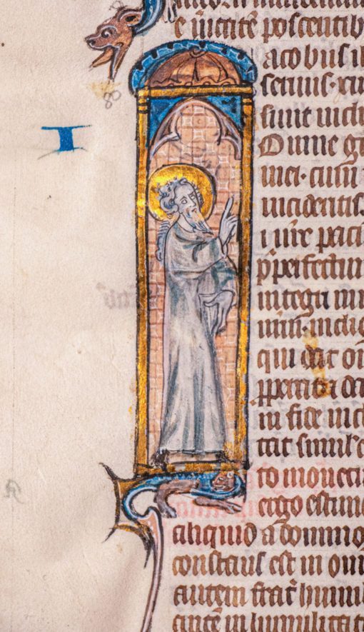 St James Preaching in an historiated initial on a leaf from a Bible in Latin [Paris, late 13th or early 14th century]