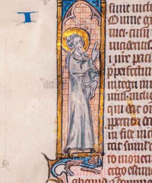 St James Preaching in an historiated initial on a leaf from a Bible in Latin [Paris, late 13th or early 14th century]