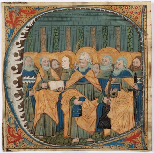 A large, Spanish dated illumination of James and Peter which is dated within the painting to ‘1505’