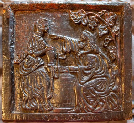 ‘Give me to drink’ C17th Oak panel of Rebecca and Eliezer at the well