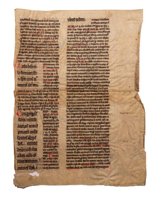 Glossed Bible leaf reused as a binding in French archive. France (doubtless Paris), 13th century.