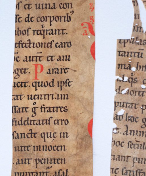 Two fragments of S.Augustine Sermones suppositii de Sanctis CLXXXIX and CXC, in Cathedra S. Petri, decorated manuscript on parchment, in Latin, 2 strips cut vertically from a single leaf. France (possibly England) mid-12th century.