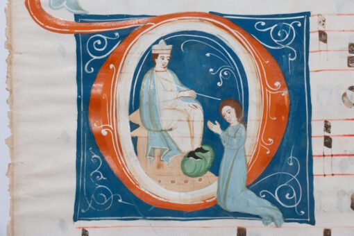 Illuminated antiphonal leaf c.1285 Queen Esther kneeling before King Ahasuerus