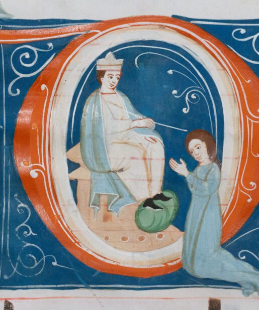 Illuminated antiphonal leaf c.1285 Queen Esther kneeling before King Ahasuerus