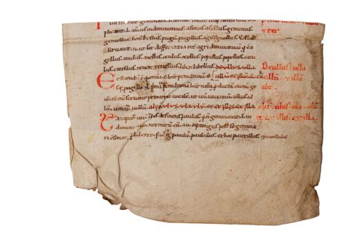 Cuttings from a Romanesque copy of Priscian Institutiones Grammaticae, in Latin with a single word in Greek, manuscript on parchment. [Germany, 12th century].