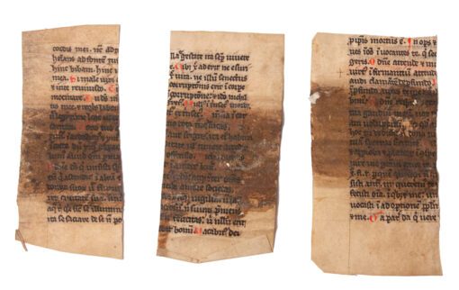 Three fragments from a decorated manuscript of Augustine s Confessions and City of God in Latin on parchment. [Low Countries (probably Southern Netherlands) c. 1280].