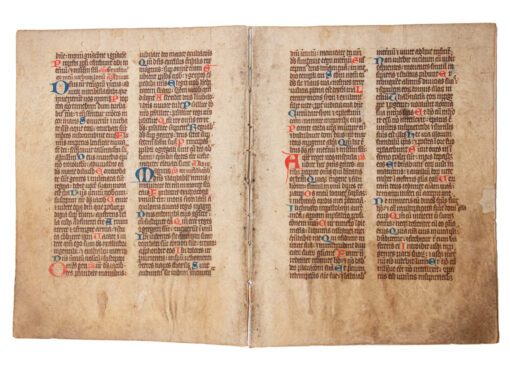 Leaves from a portable Missal with a reading by Bede (his homily for the Feast of the Annunciation of the Virgin) in Latin, manuscripts on parchment. [England or low countries 14th century].