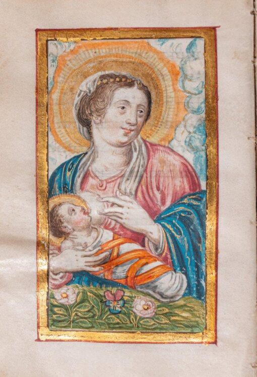 A gorgeous French devotional with charming illuminated painting of ‘Maria Lactans’. C17th