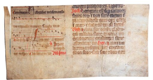 A C14th cutting from a Noted Breviary with music on a 4-line stave arranged around a red clef line