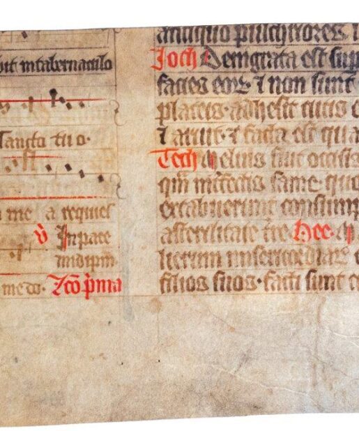 A C14th cutting from a Noted Breviary with music on a 4-line stave arranged around a red clef line