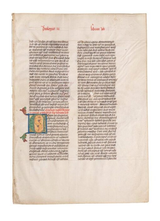 Two illuminated historiated initials on a C15th leaf – Prologue to Job [Bible]