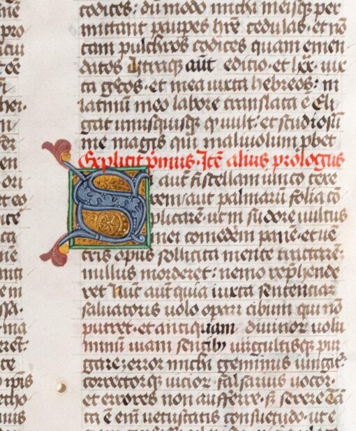 Two illuminated historiated initials on a C15th leaf – Prologue to Job [Bible]