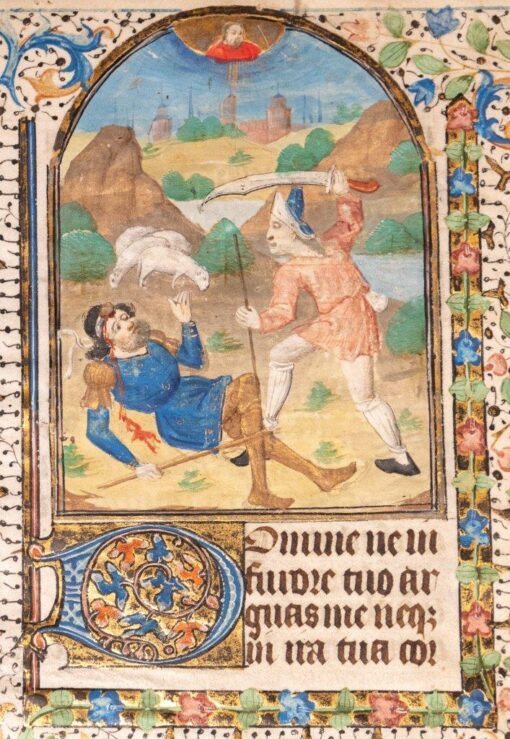 David & Goliath, leaf from an illuminated Book of Hours, circle of Coëtivy Master, c.1450