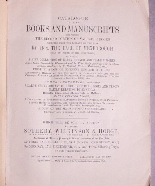 Catalogue of the Books and Manuscripts from the Library of the Late Rt. Hon. The Earl of Mexborough .including an Important Collection of Americana.