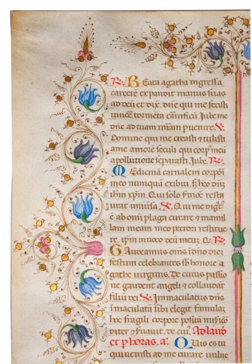 A fine leaf from the Llangattock Breviary, Italy c.1450 with delicate illumination on vellum