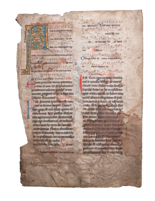 The first leaf from a Noted Missal, in Latin, illuminated manuscript on vellum  [England or France, early 13th century (c.1220)]