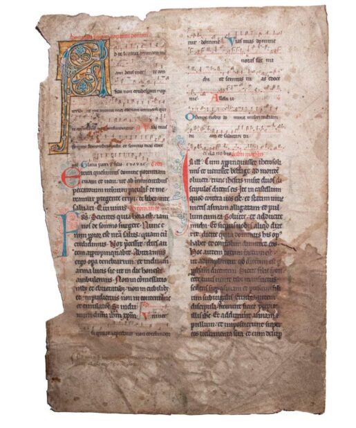 The first leaf from a Noted Missal, in Latin, illuminated manuscript on vellum  [England or France, early 13th century (c.1220)]