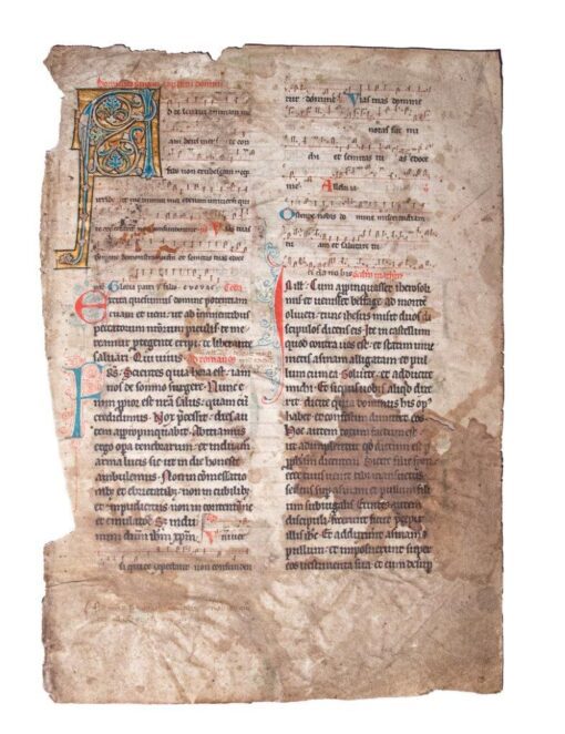 The first leaf from a Noted Missal, in Latin, illuminated manuscript on vellum  [England or France, early 13th century (c.1220)]