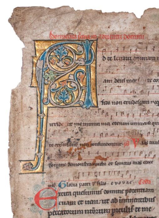 The first leaf from a Noted Missal, in Latin, illuminated manuscript on vellum  [England or France, early 13th century (c.1220)]