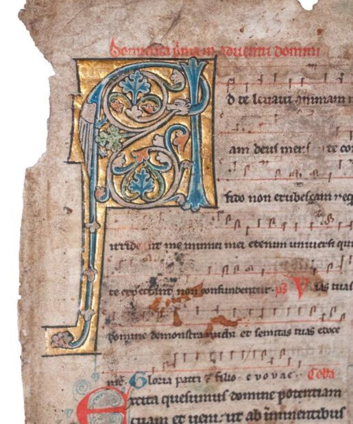 The first leaf from a Noted Missal, in Latin, illuminated manuscript on vellum  [England or France, early 13th century (c.1220)]