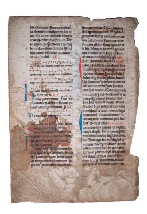 The first leaf from a Noted Missal, in Latin, illuminated manuscript on vellum  [England or France, early 13th century (c.1220)]