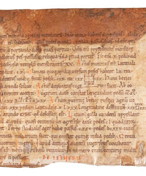 A fine Romanesque piece of the most influential scientific text of the early Middle Ages with a small mathematical diagram C12th