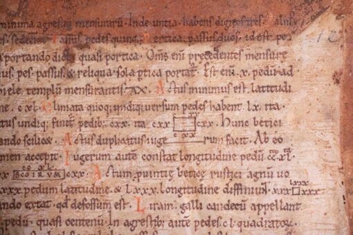 A fine Romanesque piece of the most influential scientific text of the early Middle Ages with a small mathematical diagram C12th