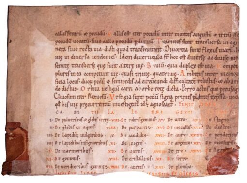 A fine Romanesque piece of the most influential scientific text of the early Middle Ages with a small mathematical diagram C12th