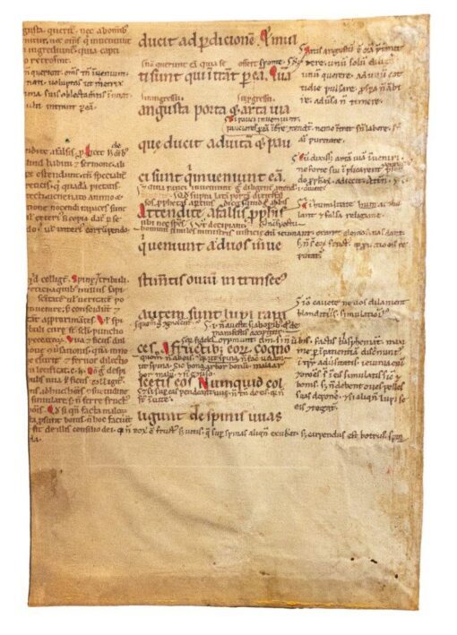 Fragmentary leaf of a Glossed Gospels, in Latin, manuscript on vellum [France(?), 12th century (3rd? quarter)]