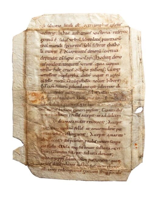 Fragmentary leaf from Chromatius of Aquileia, parts of sermons XIX–XX, probably from a Homiliary, in Latin, on vellum [Germany, 10th century]